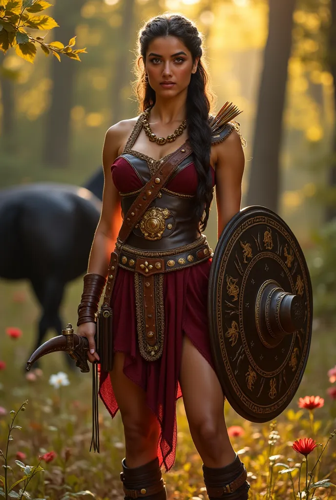 stunning Amazon from Greek mythology, of imposing height and athletic figure, stands in a clearing in a forest illuminated by the golden light of dusk. Her face is a combination of strength and beauty, with high cheekbones, a marked jaw, and large, piercin...