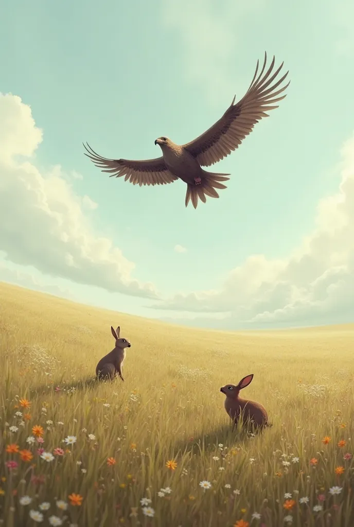 A vast, open meadow with tall grass and scattered flowers. The rabbit is happily hopping around, unaware that a large vulture is flying above, its sharp eyes locked onto the rabbit. The sky is a mix of soft blue and light clouds, but the presence of the vu...