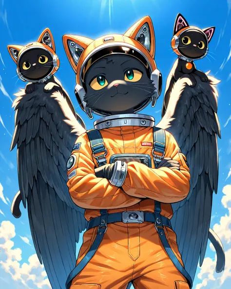 1 guy, black cat furry, (orange spacesuit), cool, casual kindness, smile, arm-crossed, from above, one eye goggles, SF, Wind, blue sky, masterpiece, Best Quality