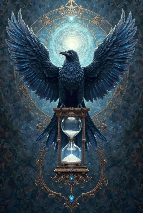 A holy symbol of a raven with both wings arching upwards, and the tips of the wings are holding the center of an hourglass