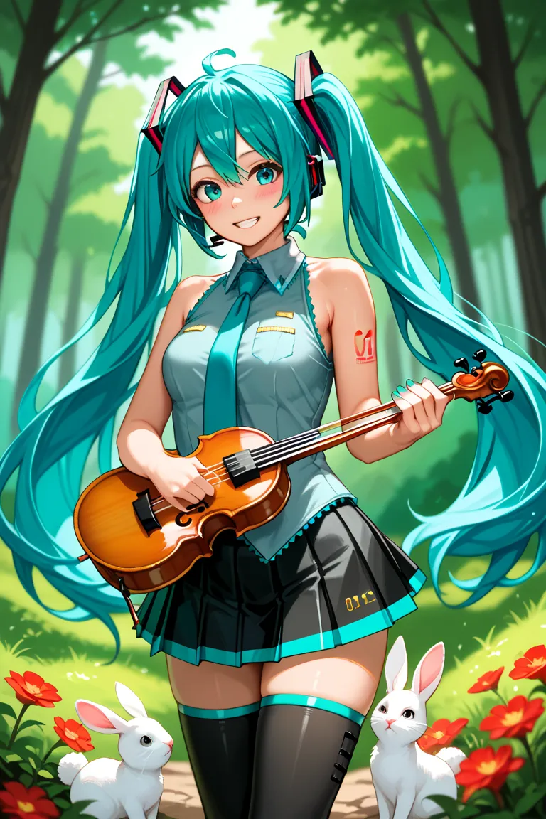 (best quality),(masterpiece),(8K detailed),(high resolution), detailed hair, detailed clothes , Alone , woman , Hatsune Miku ,  turquoise hair  , twin tails , smile ,  create a perfect body line  , Hot body , red 01 tattoo on one upper arm ,  exact finger ...