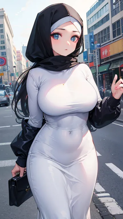 (Best quality, high resolution, masterpiece: 1.3), a beautiful malay woman in hijab, big breasts, slim figure, sweatshirt, beautifully presented details in the street and facial and skin texture, detailed eyes, double eyelids, big eyeschest visible, shirt ...