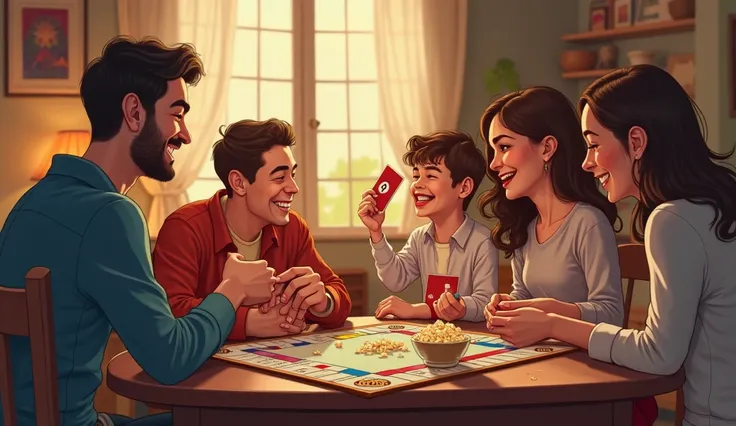 A cozy family game night scene in a warm, well-lit living room. A family of four is gathered around a wooden table playing a board game, with Monopoly and Uno cards visible. The father is laughing and joking, leaning back in his chair after losing a round....