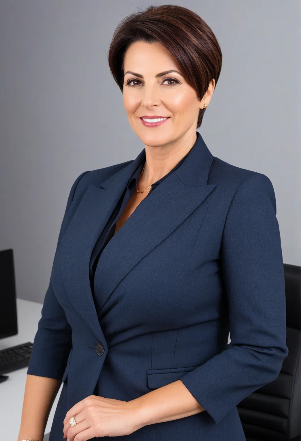 Photograph of one Chiara Wandsworth, who is ordinary-looking big sturdy middle-aged short-haired 45-year-old executive woman who works in an office. Wearing a professional attire. Content expression. zoomed out full-body and face photo.