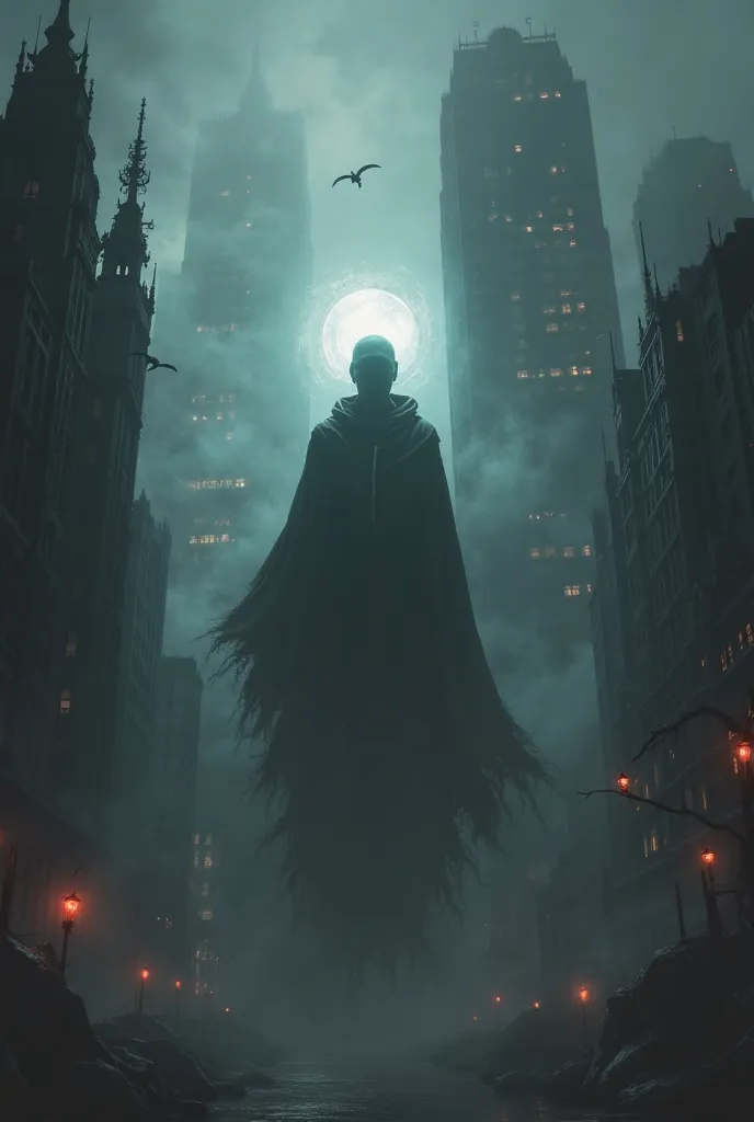 A dark, atmospheric representation of reincarnation or soul transfer in a Gotham-like setting. The soul is depicted as a glowing, eerie orb or shadowy figure, emerging from the depths of an ominous, fog-covered city. The background features towering, jagge...