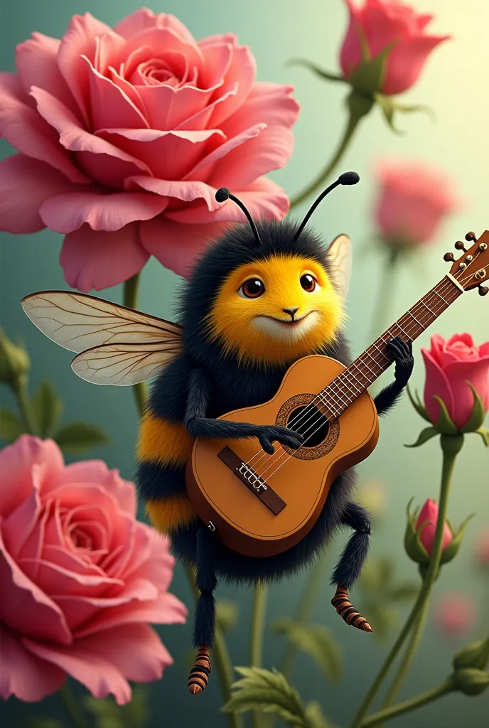 Create me a drawing of a bumblebee with a rose playing guitar 