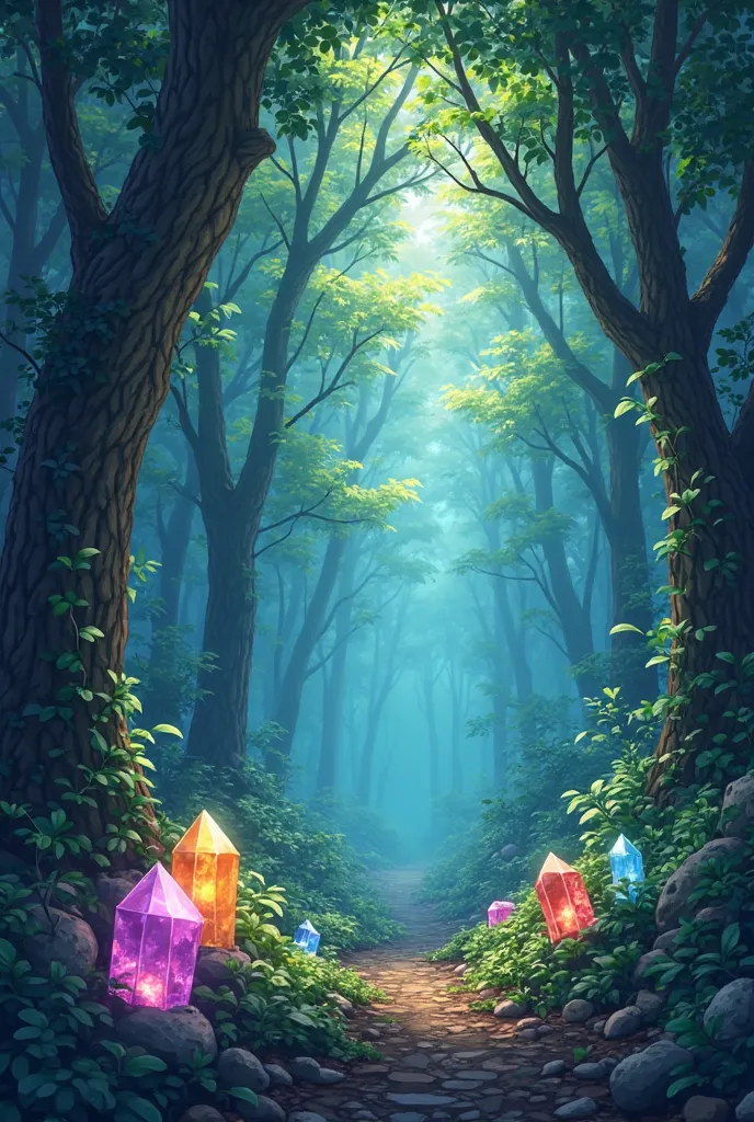 Cinematic frame of deep forest, colored crystals, Leafy forest, good light, good quality, soft colors, bottom para novela visual, bottom, crystals of different shapes and sizes,  horizontal image, Anime Style.