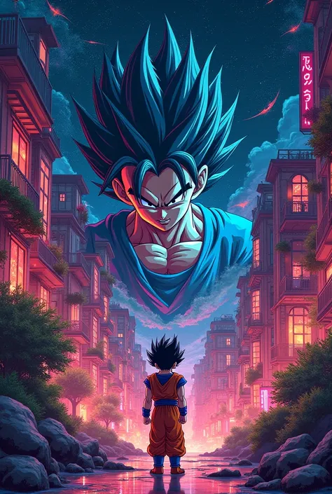 Poster format 9:16 of the following script

(manga cover:), pen drawing style, HD 8K, rich plot, intricate background, rich details of the , Dragon Ball images, high level perspective, neon night scene, Rich atmosphere, Summer noon,  vivid character expres...