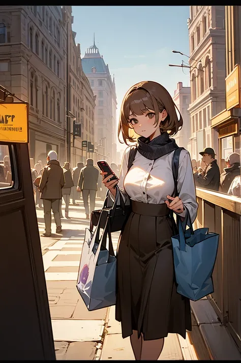 1lady standing, (leaning against the wall) (looking at cellphone), (stylish outfit) scarf, mature female, /(light brown hair/) bangs, (masterpiece best quality:1.2) delicate illustration ultra-detailed, medium breasts, holding a bag BREAK (bustling citysca...