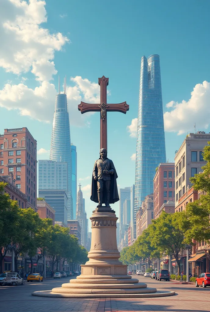 8) A modern view of the city of Santa Cruz de la Sierra. It's a big and prosperous city, full of life. in the foreground, there is a statue of Ñuflo de Chávez and a cross in the center as a symbol of their founding.