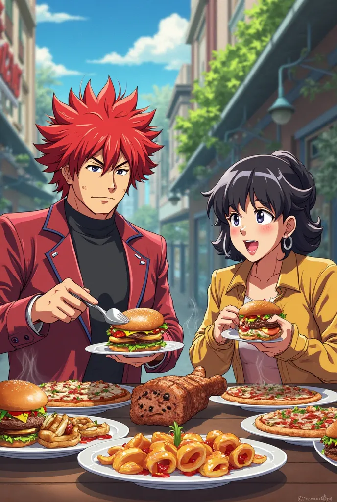 Create an anime-style image, by Maestro Roshy and Bulma eating Hamburgers, pizzas and roasted meat