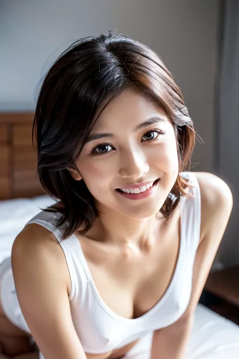 A cute 35-year-old Japanese woman、is standing on all fours in the bedroom。With short black hair、In white underwear、looking at the camera with a smile even though she is slightly embarrassed。