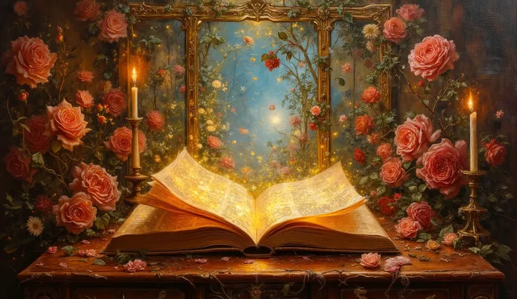 An oil painting inspired by John William Waterhouse, depicting an ancient book on an antique desk, its pages releasing luminous letters and vines of roses, creating a dreamlike portal, warm candlelit glow, deep rich colors, soft shadows adding a sense of ...