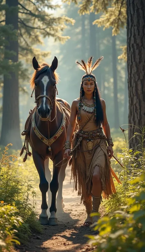 Create an image of a powerful and captivating Native American warrior woman from the Mohawk Nation, walking alongside her horse in her ancestral homeland in 14th-century northeastern woodlands. She wears traditional Mohawk garments crafted from tanned leat...