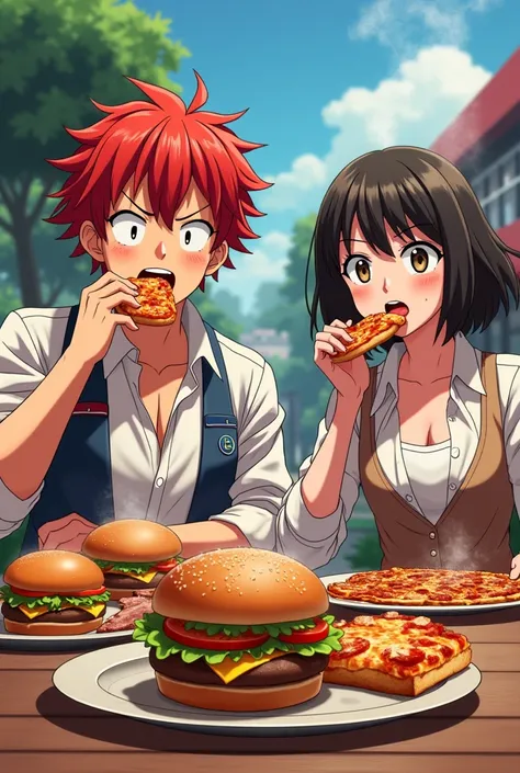 Create an anime-style image, by Maestro Roshy and Bulma eating Hamburgers, pizzas and roasted meat