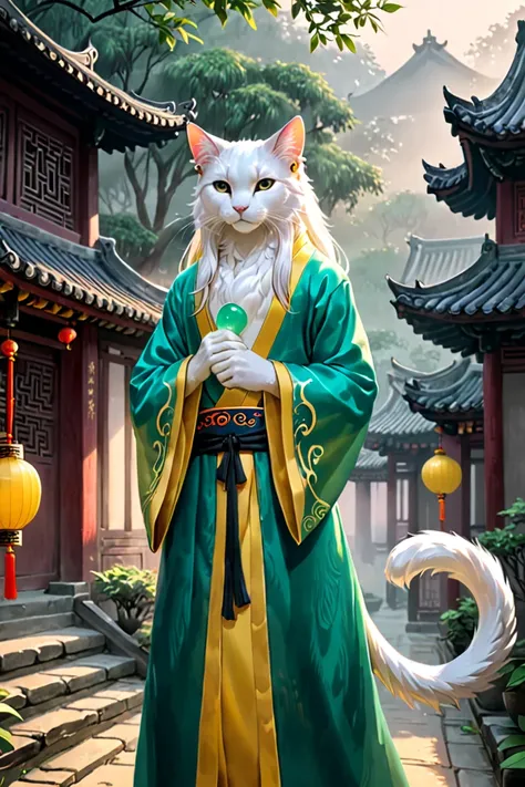 ((masterpiece, best quality, ultra detailed)), ((furry, anthro)), ((male, boy)), ((white cat)), ((wearing a vibrant yellow Daoist robe)), ((In the style of Chinese mythology)). majestic white long-haired cat, standing upright with a noble posture, wearing ...