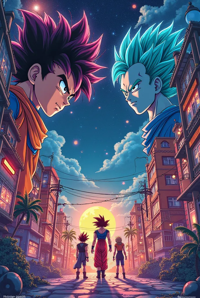 Poster format 9:16 of the following script

(manga cover:), pen drawing style, HD 8K, rich plot, intricate background, rich details of the , Dragon Ball images, high level perspective, neon night scene, Rich atmosphere, Summer noon,  vivid character expres...