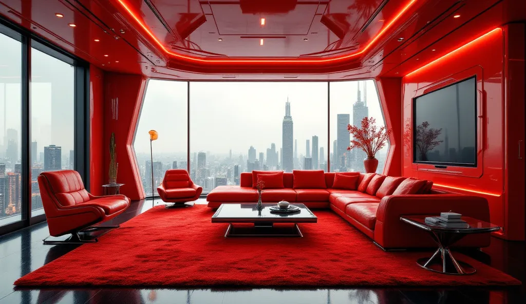 painting of a living room with a red carpet and a red couch, inspired by Denis Fremont, by Denis Fremont, Denis Fremont masterpiece, , in style of syd mead, painting of a room, penthouse 