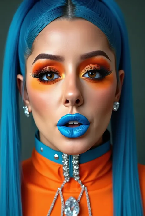 incredibly long and voluminous eyelash extensions, girl laughs a lot, Bright orange makeup, blue hair , diamond earrings , collar, blue lips, duck lips, Low double tails,
