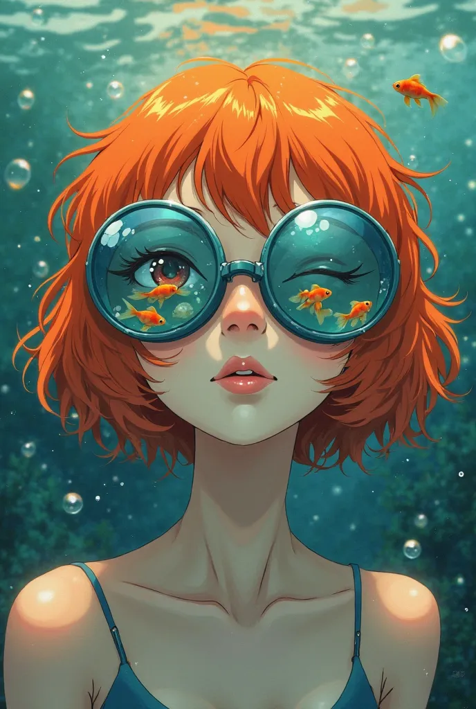 
Create an anime illustration of a surreal woman with short, fluffy red-orange hair, wearing oversized round goggles filled with water, where small, vibrant goldfish swim freely. Her expression is serene and mysterious, with one eye open and the other clos...