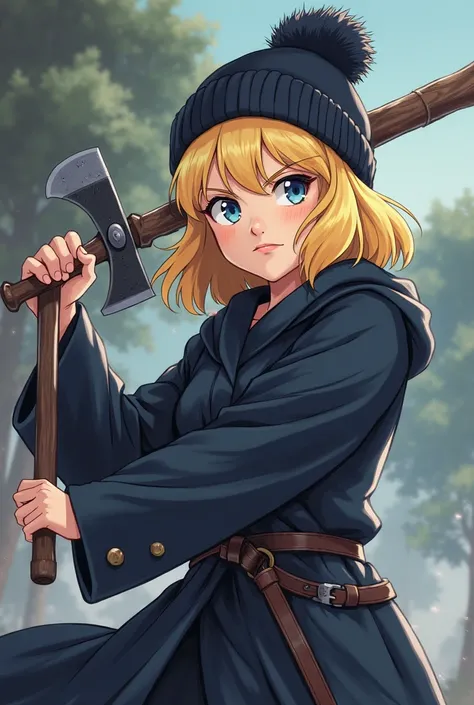 Black Beanie, navy blue long robe, Blonde, Head that falls below the shoulders, Matted Marie, Serious and proud expression, girl,  animated illustration , Axe wielding posture,  threatening , battle, dynamic, Swinging an axe, wielding axe