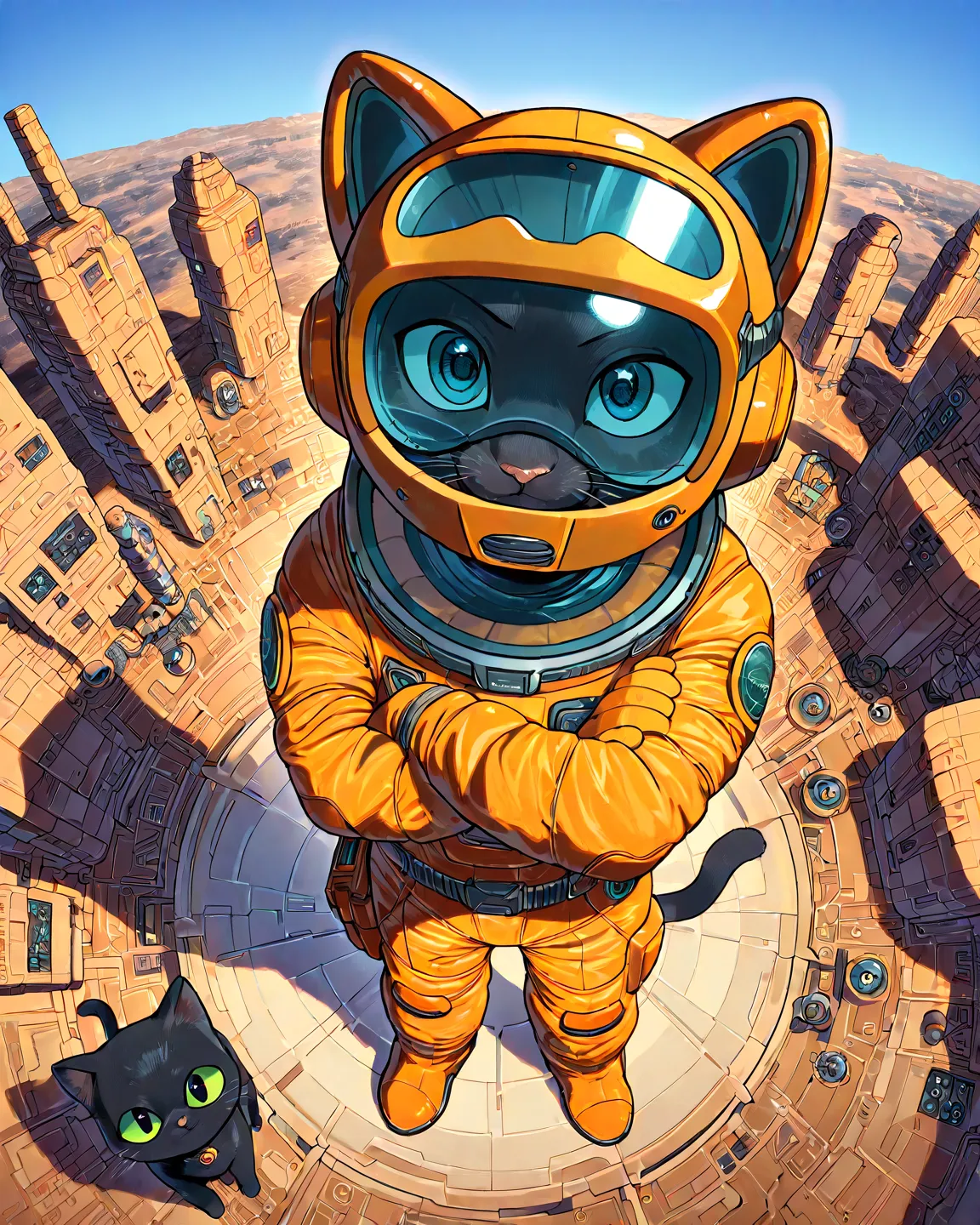 1 guy, black cat furry, (orange spacesuit), cool, casual kindness, smile, arm-crossed, from above, Goggles over left eye, SF, Wind, blue sky, masterpiece, Best Quality