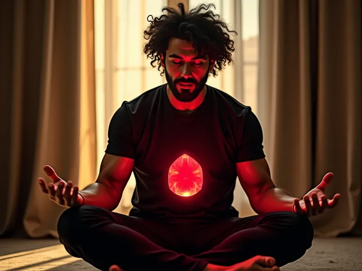 Please create me a short video of a big and strong man in his 30s, with black curly hair and beard; sitting in a lotus position in a hotel room, and materializing a big red gem from nothing with just his hand moving around air!