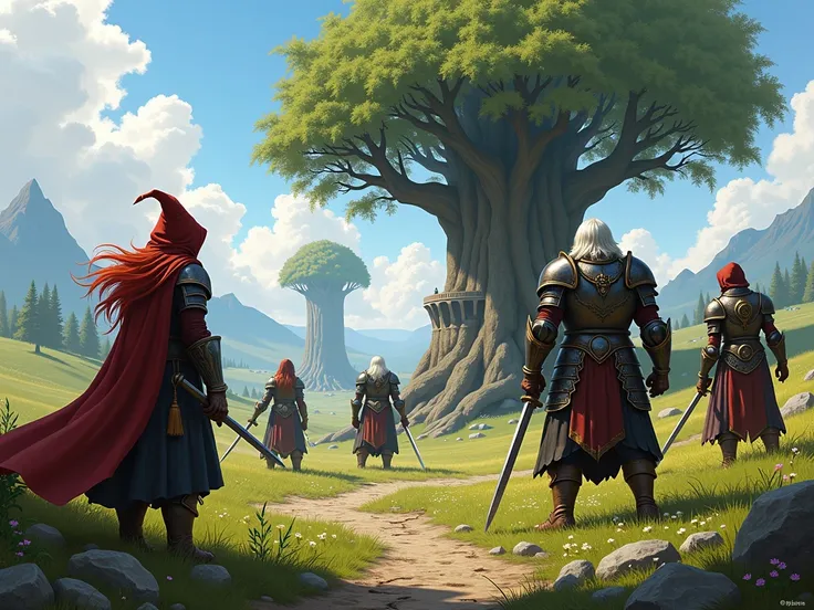 The battlefield on which 4 heroes: dwarf woman with red hair dressed in a hood, a man worn out, white-haired in armor, an elf magician is a woman in half demonic guise and an orc tank dressed in heavy armor behind towers a tree magician calling for flowers...