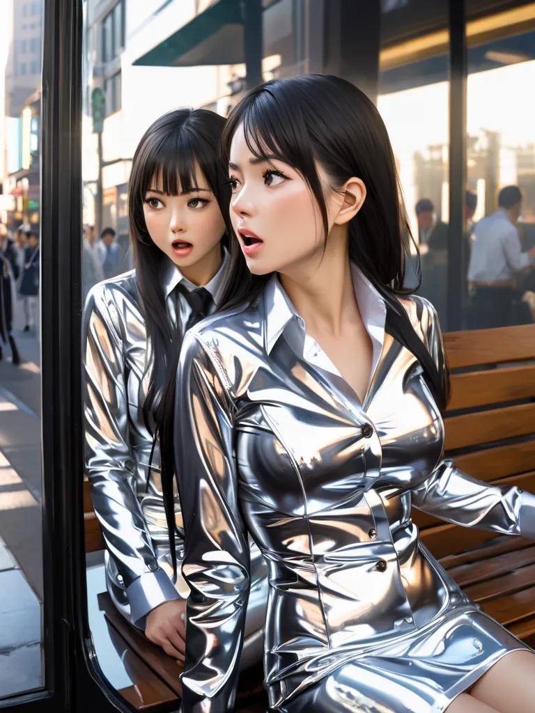 Japanese mother and daughter in extremely tight, shiny silver latex blouse buttoned up, necktie, reflection ,  reflected light , Sitting in the city on the bench, long hair,  black hair, Breasts, groaning, excited 