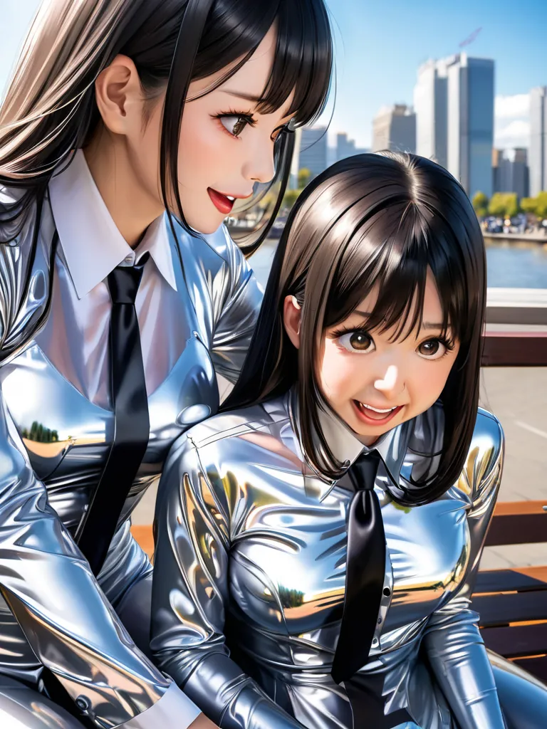 Japanese mother and daughter in extremely tight, shiny silver latex blouse buttoned up, necktie, reflection ,  reflected light , Sitting in the city on the bench, long hair,  black hair, Breasts, groaning, excited 