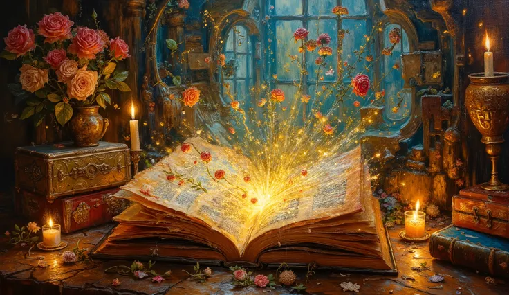 An oil painting inspired by John William Waterhouse, depicting an ancient book on an antique desk, its pages releasing luminous letters and vines of roses, creating a dreamlike portal, warm candlelit glow, deep rich colors, soft shadows adding a sense of ...