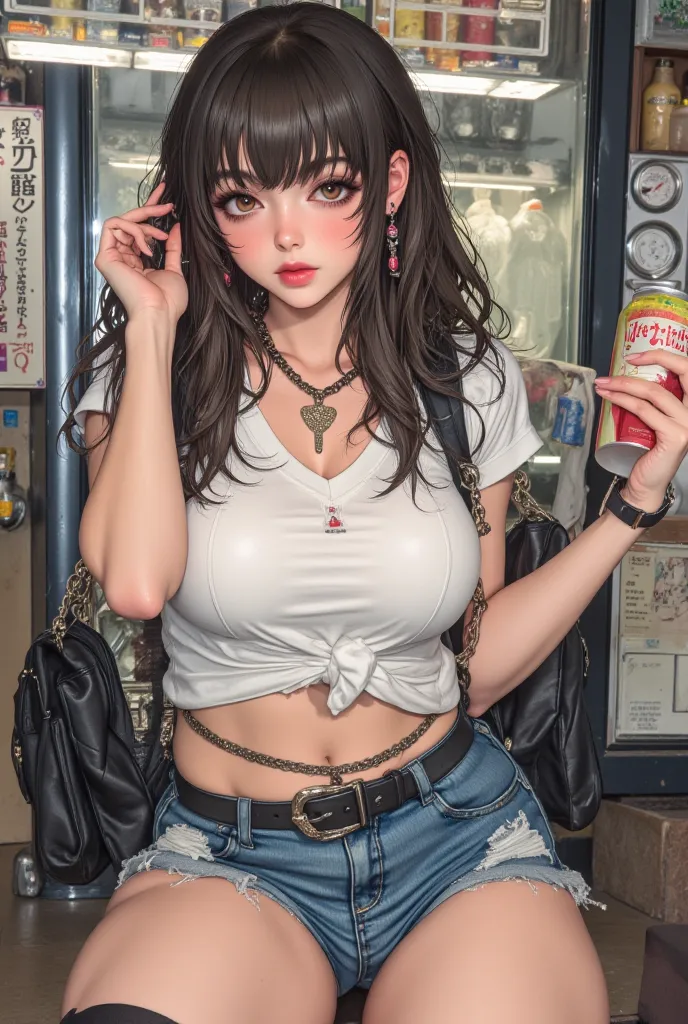 lively girl with a coffee can and a handbag, she wears a white v-neck t-shirt and mini jeans shorts, mysterious girl, frontline girls, fine details. frontline girls, big breasts, large breasts, fit body, hourglass figure, wide hips, beautiful female, thick...