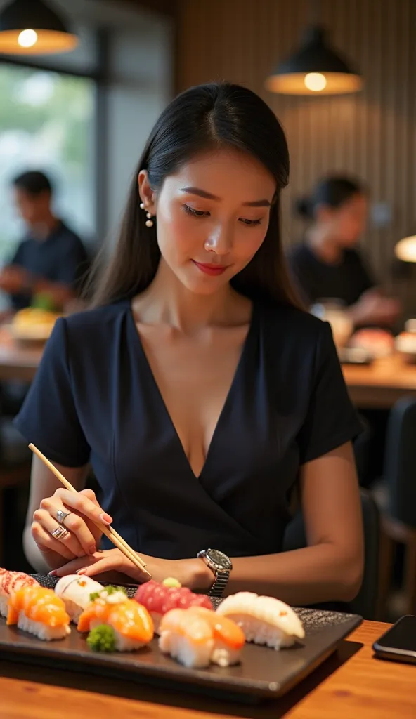 Image of: A sophisticated and elegant portrait of a beautiful young woman who is an AI assistant named Mook, enjoying a sushi dinner at a high-end sushi restaurant. She has a naturally beautiful face, with light, natural makeup, showcasing her refined feat...