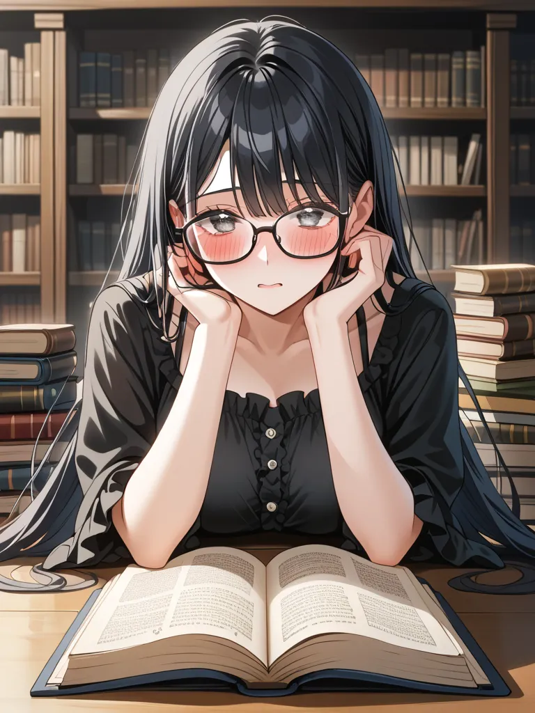 (((strong wild face))),((cool atmosphere with lots of books)),(Long face),(( adult vibe))、((Age 30)), black hair、long hair、black rimmed glasses、black bikini、strand、 is embarrassing、((blush))、 Ulchan-6500-v1.1, ( RAW photos :1.2),  beautiful detailed , very...