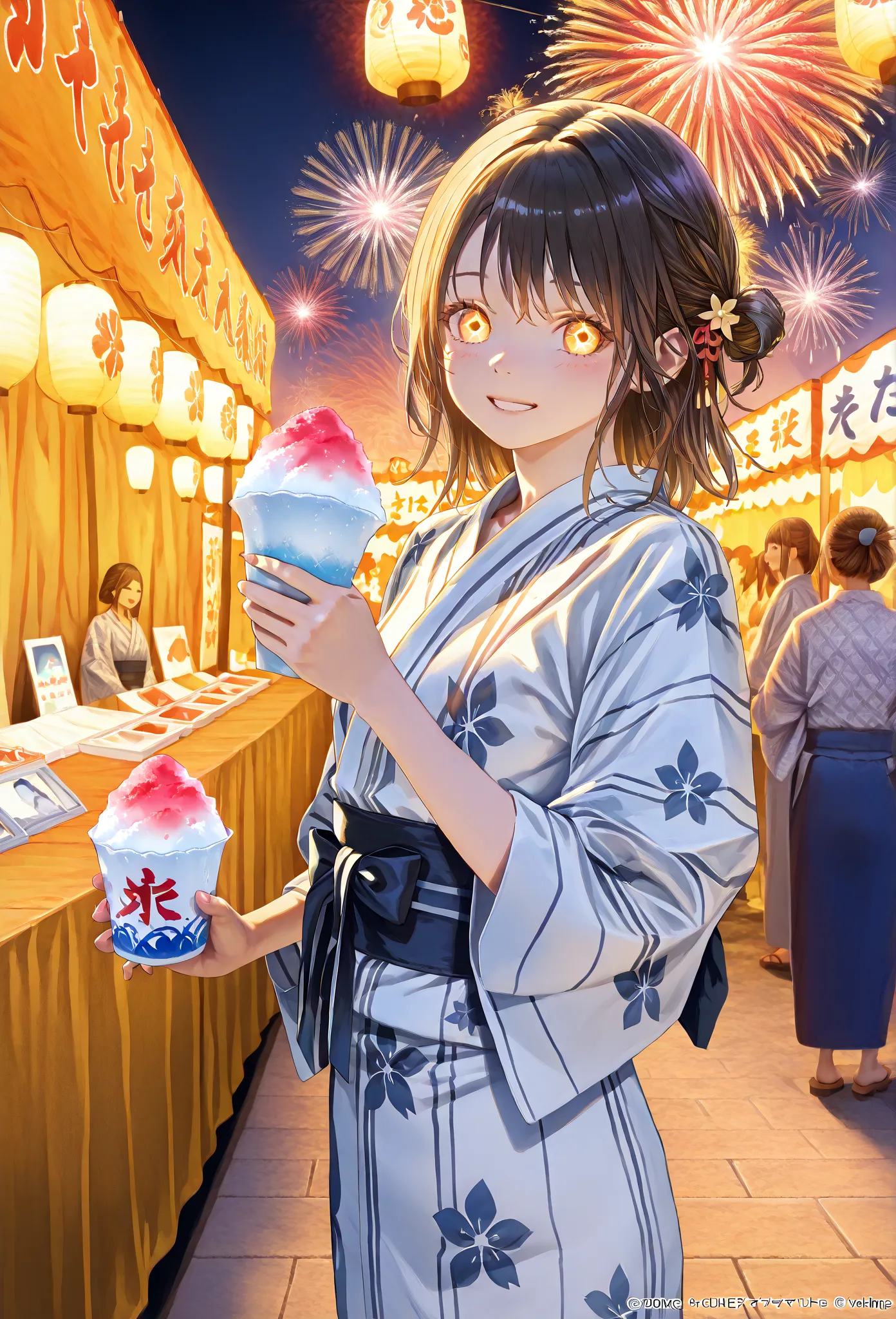    young  , Nape,yukata,stall,Sandals,fair,holding かき氷, Fireworks