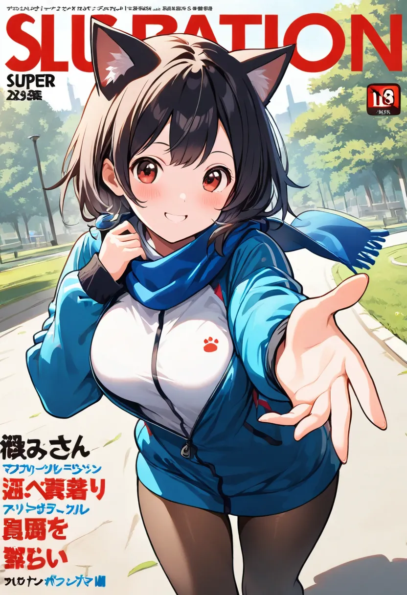 Cat ears，magazine cover(((best quality))),(((super detailed))),(((Masterpiece))),illustration,1 girl,detailed face,OK,smile,windbreaker,scarf,pantyhose,
