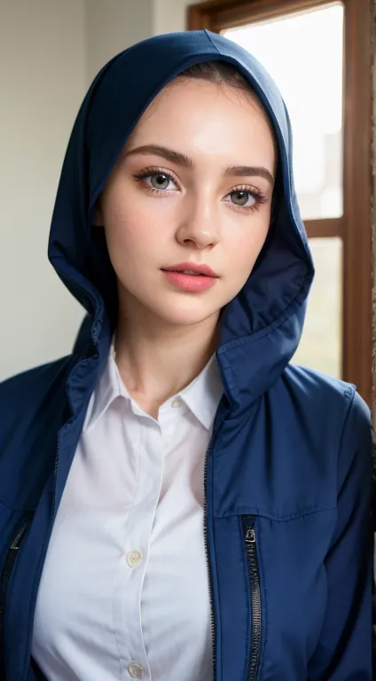 1 Girl, Beautiful, Russian Baby Face, 28 Years Old, White Skin, pink Hijab with navy blue long shirt and pink Jacket, Big Chest, looking to the camera, bedroom Background, Wind))