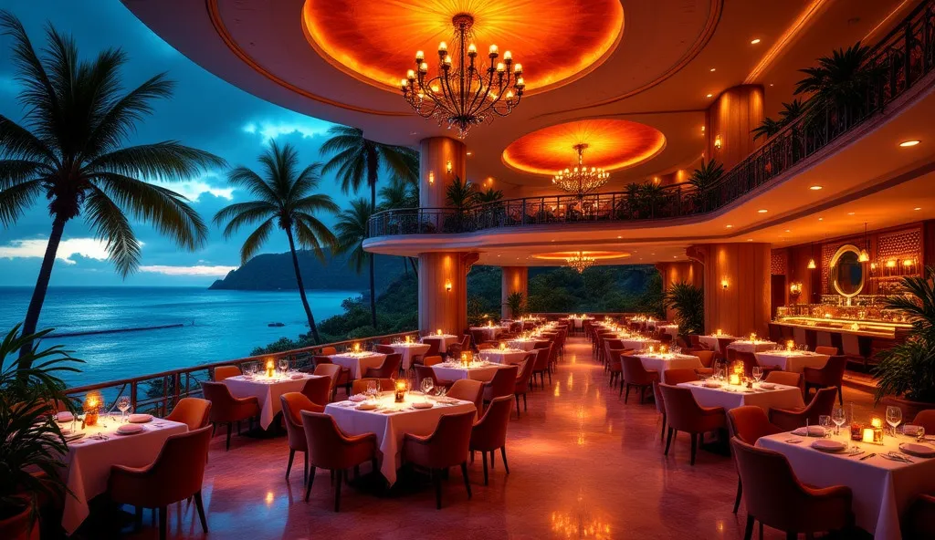 Elegant large restaurant with mezzanine in warm red and orange colors ambience inspired by Denis Fremont, Denis Fremont masterpiece, in style of Hajime Sorayama, at night overlooking a dizzying bay with palms