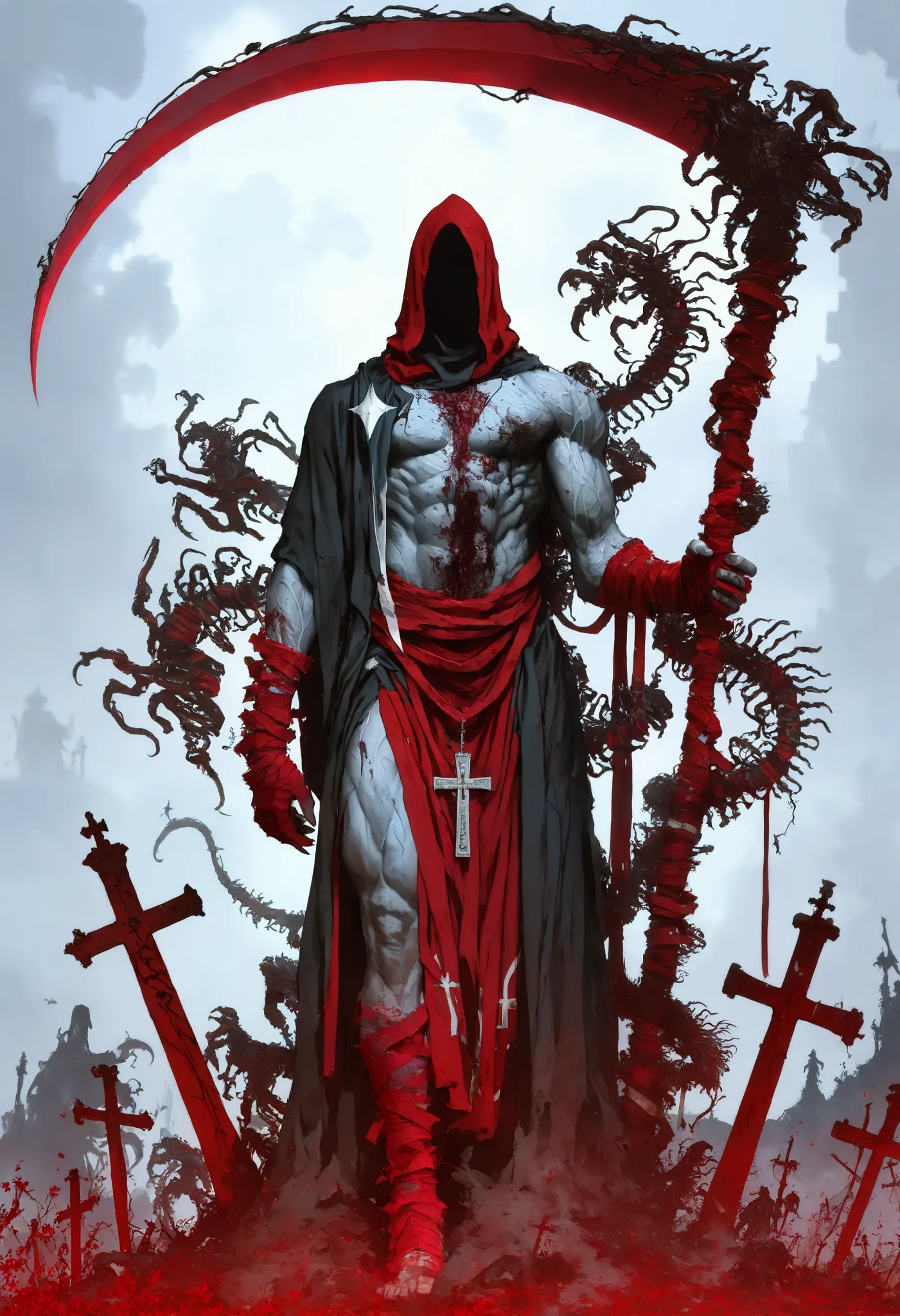 Masterpiece, 1 number,Dante Inferno,Dante Alighieri,Templar of the Crusades,the 9 circles of hell,giant cross in the torzo,cross of blood sewn into the skin, muscular,hull,Sharp scythe,scythe spined,Red bandages moved by the wind