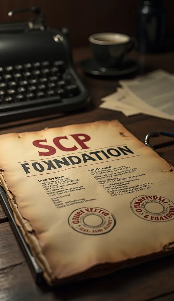 An ultra-realistic close-up of a top-secret document labeled ‘SCP Foundation’. The folder looks old and worn, with a red ‘CONFIDENTIAL’ stamp and several classified government-style seals. A dimly lit desk with scattered documents, a typewriter, and a coff...