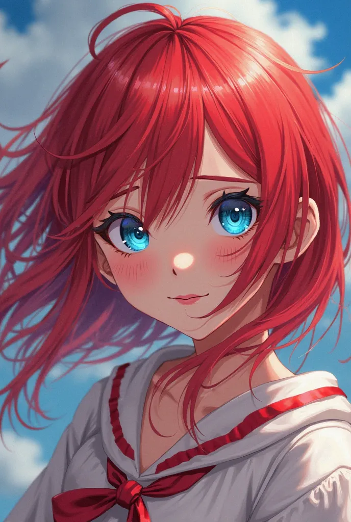 An anime character with red male hair,  blue-eyed hair
