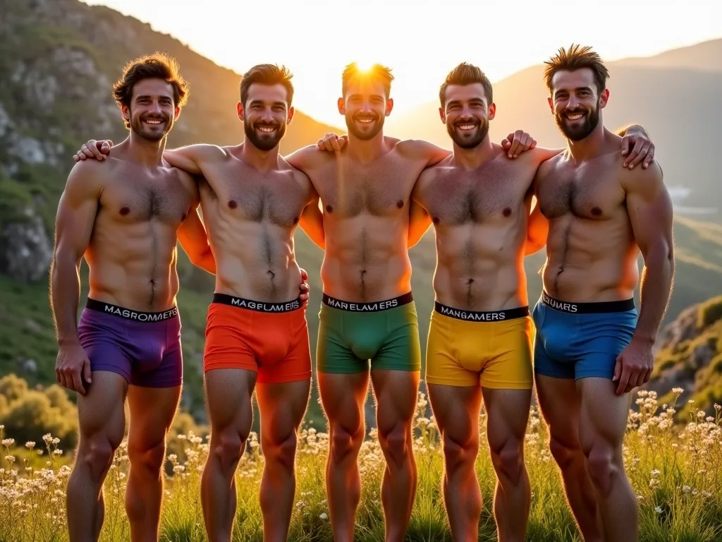 Six average men, that's a total of 6 men wearing matching underwear, each with a different color from red, orange, yellow, green, blue, and violet. Each has an average build, with beards and hairy chests, are hiking without shirts. They range in age from 3...