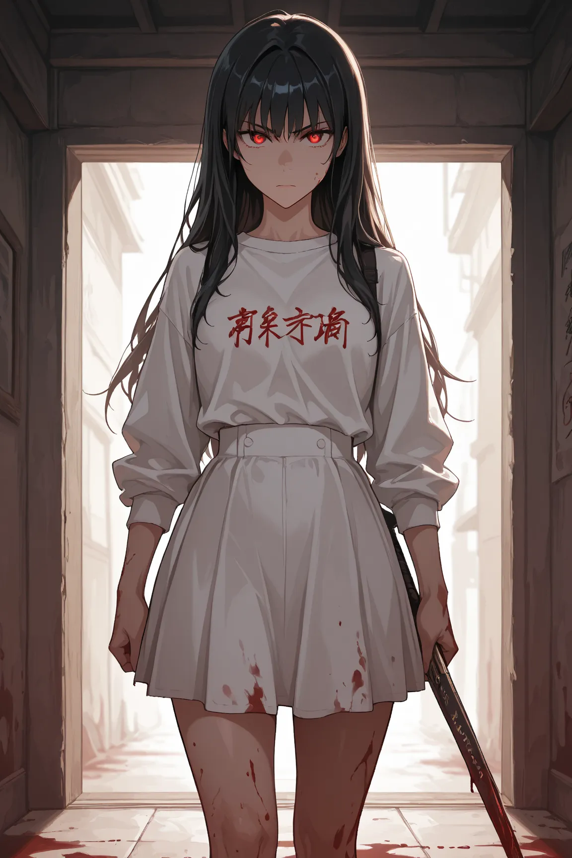 from_Front ,  Proximity Method, 1 girl, Serious, white shirt, White Skirt,  white knee-high , long hair,   black hair,   dark ambient , Blood, depth of writing, detailed background, masterpiece, best quality, great image quality, 