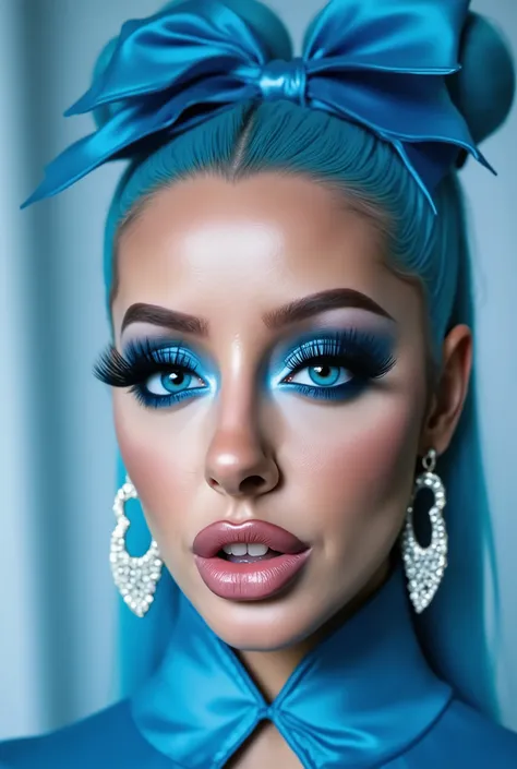 incredibly long and voluminous eyelash extensions, bright blue makeup, blue hair , diamond earrings , collar, blue lips, lip kiss on camera, bow-shaped hair ,
