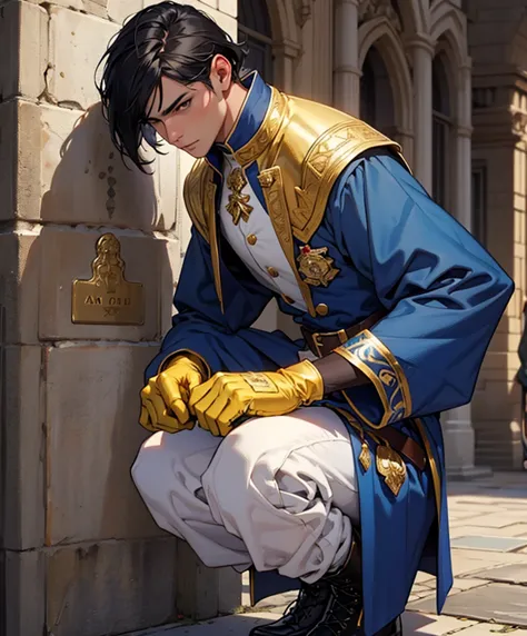  masculine man. black hair. short hair. soldier.  elegant medieval clothing.  blue outfit with gold details , shirt sleeves and white pants. She wears gloves and boots .