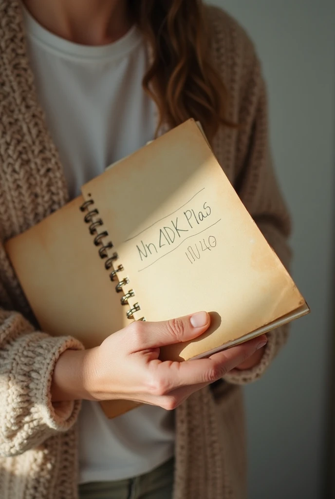  Close-up of a person  (20-40 years) holding an old notebook with your name written on the cover,  in a minimalist environment .
 Visual Details:
 neutral background in light tones , with natural light that creates an effect of "spotlight" On the notebook;...