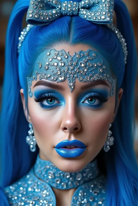 incredibly long and voluminous eyelash extensions, bright blue makeup, blue hair , diamond earrings , collar, blue lips, puckered lips, bow-shaped hair ,
