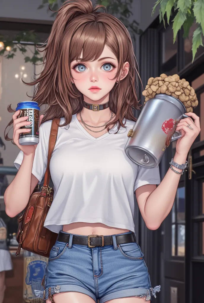 lively girl with a coffee can and a handbag, she wears a white v-neck t-shirt and mini jeans shorts, mysterious girl, frontline girls, fine details. frontline girls, big breasts, large breasts, fit body, hourglass figure, wide hips, beautiful female, thick...