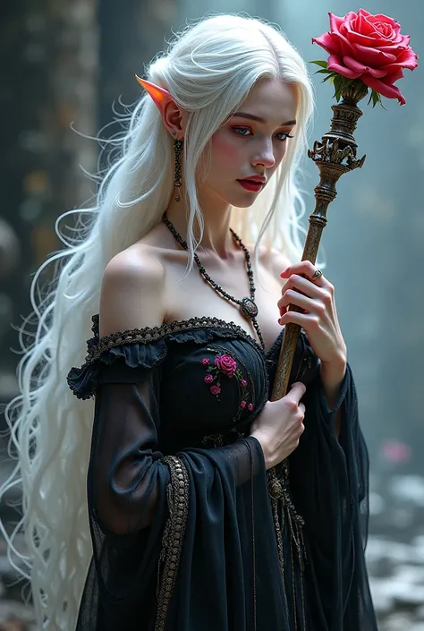 Ancient sjan princess, long white hair, big rose rod, orchid and black attire with roses sleepy appearance, chains on her neck, one black hand. 