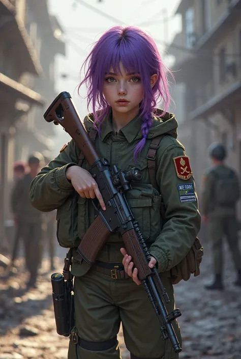 Raising a 16-year-old female gun, With army clothes, She in the Russian war, purple hair, Face natural beauty.
Bwm and mao.
And the guy next door kisses a girl next to her and she keeps looking 

